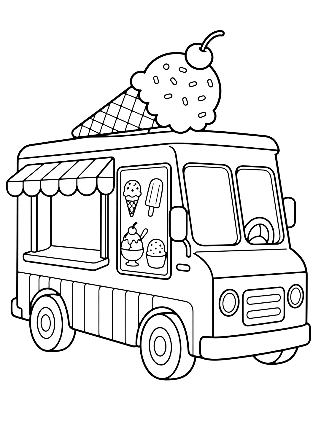 ice cream truck menu icons coloring page with an ice cream truck with a picture-only menu board showing simple cone, popsicle, sundae, and scoop icons, with no letters or numbers for kids