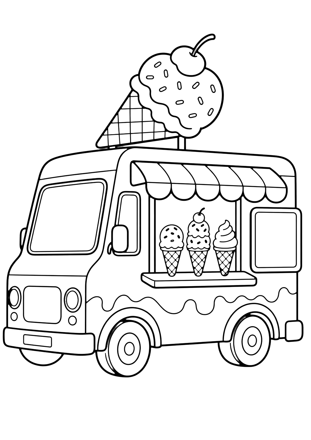 ice cream truck serving window coloring page with an ice cream truck with a large open serving window, a striped awning, a blank menu board, cones on the counter, and no people for kids