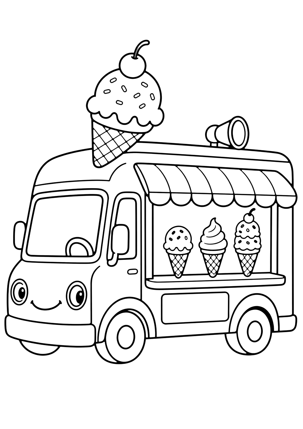 ice cream truck with awning coloring page with a friendly ice cream truck with a wide striped awning, simple wheels, a blank side sign, cones near the serving window, and open white space for kids