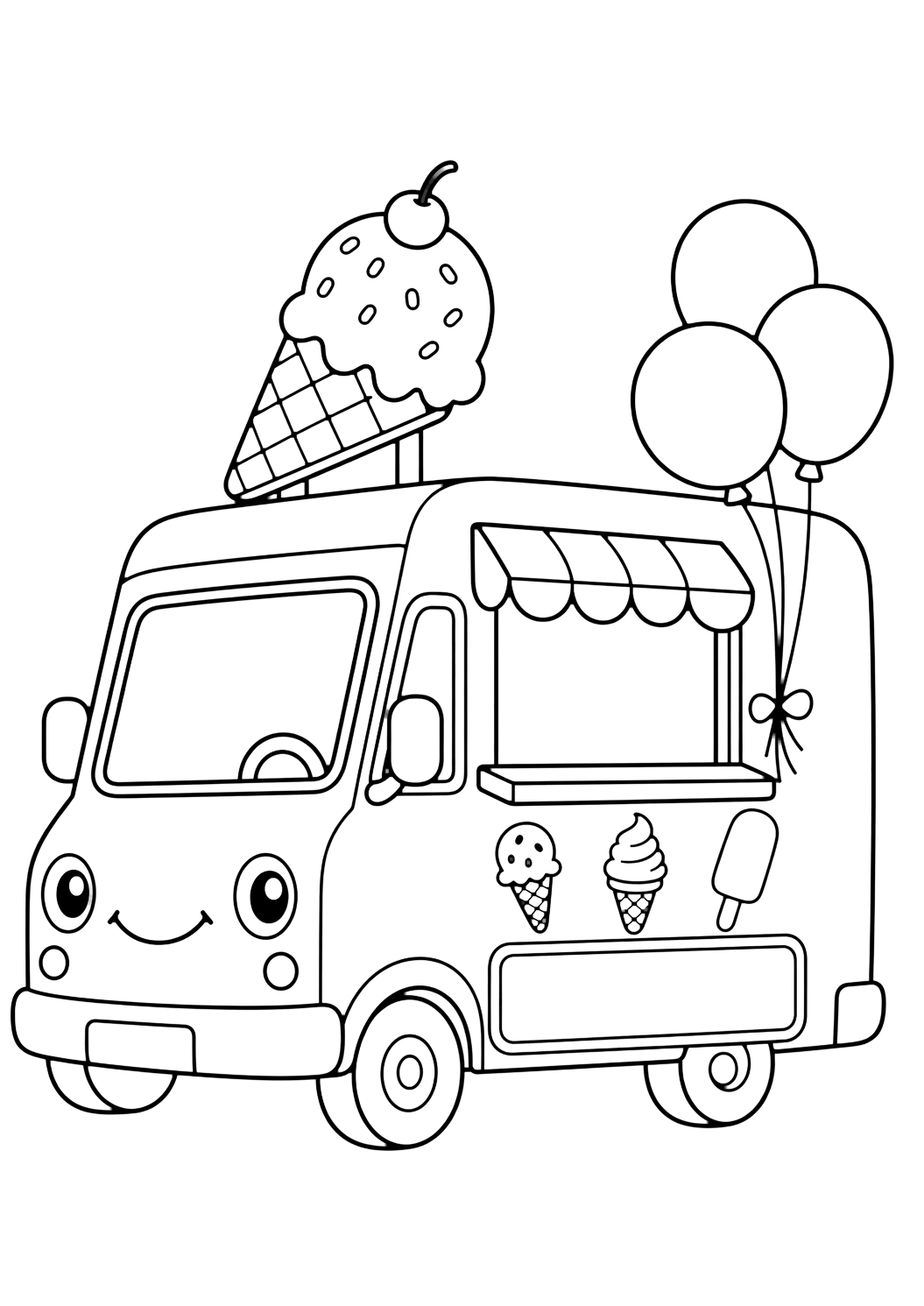 Coloriage de camion de glace avec camion de glace avec ballons. Idéal pour enfants, été, impression et coloriage en ligne.