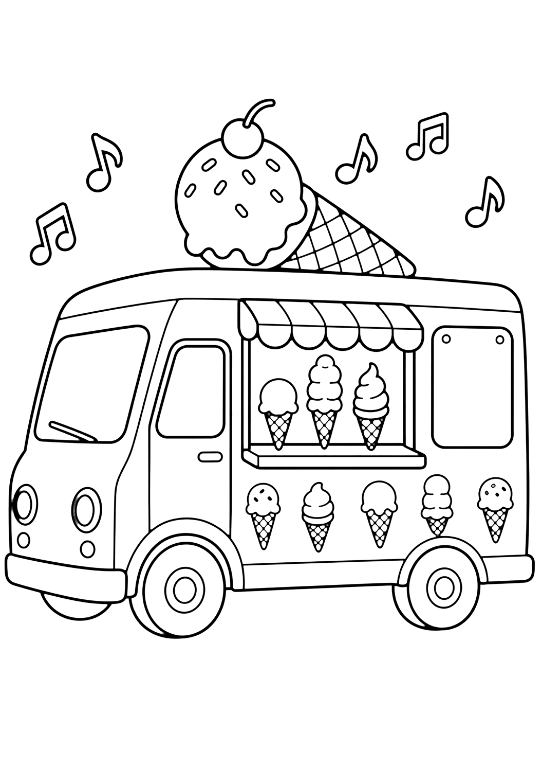müzik notalı dondurma kamyonu içeren dondurma kamyonu boyama sayfası. Çocuklar, yaz, yazdırma ve çevrim içi boyama için uygundur.