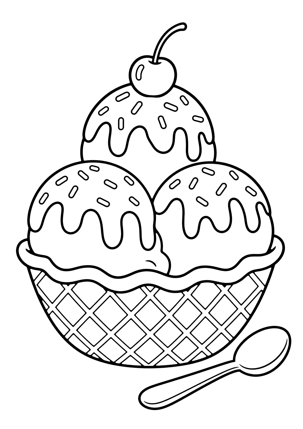 ice cream waffle bowl coloring page with a waffle bowl filled with three scoops, syrup lines, sprinkles, and a cherry, with a simple spoon beside it for kids