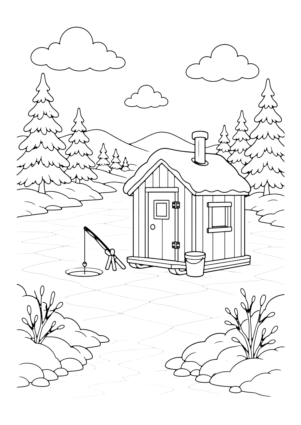 pagina da colorare con capanno per la pesca sul ghiaccio sul lago con un piccolo capanno su un lago ghiacciato, rive innevate, pini e nuvole, per bambini