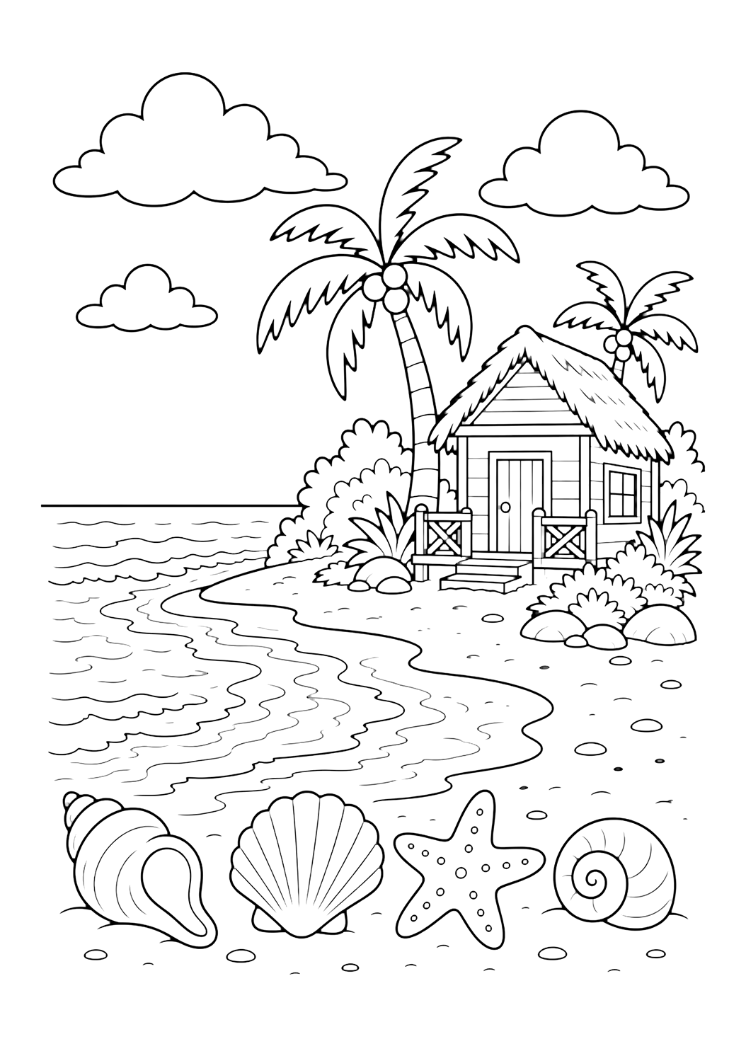 Coloriage île avec cabane de plage