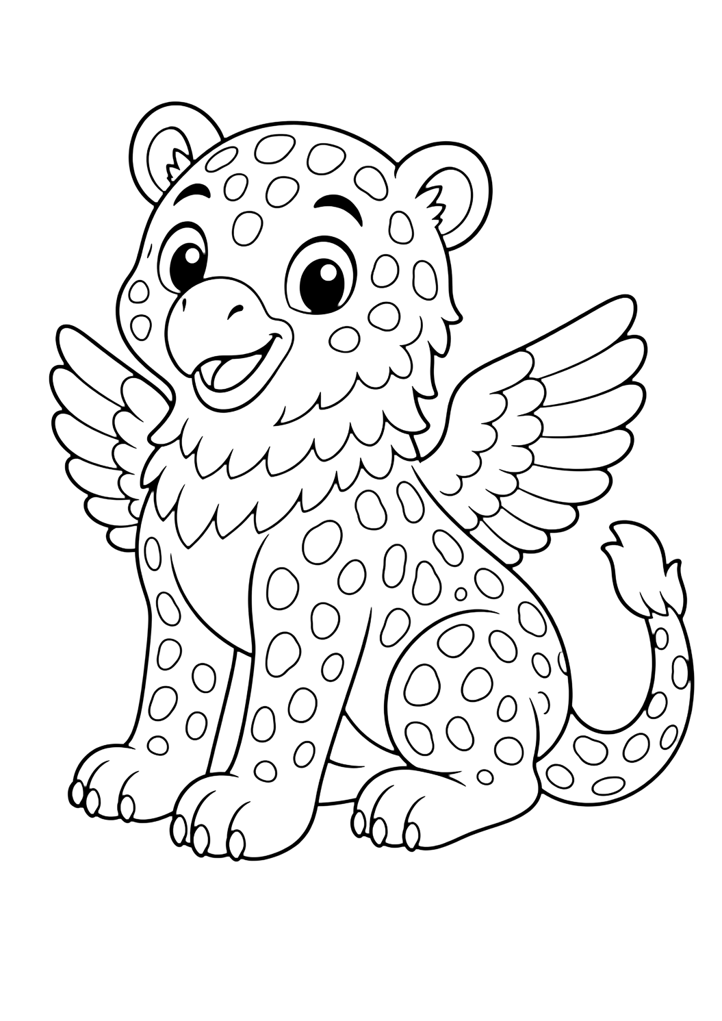 jaguar eagle creature coloring page with a friendly jaguar-eagle hybrid with a spotted jaguar body, small eagle wings, rounded paws, and a gentle beak-like face for kids