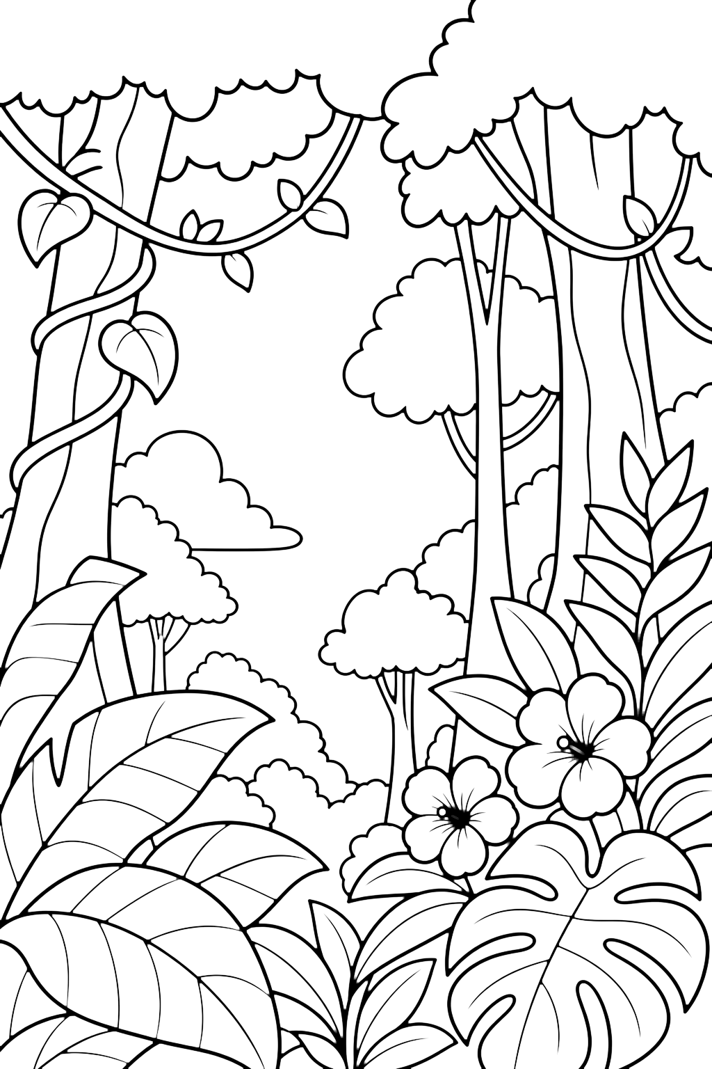 jungle canopy coloring page with a rainforest canopy with large overlapping leaves, vines, tall trunks, a few flowers, and open sky gaps for kids