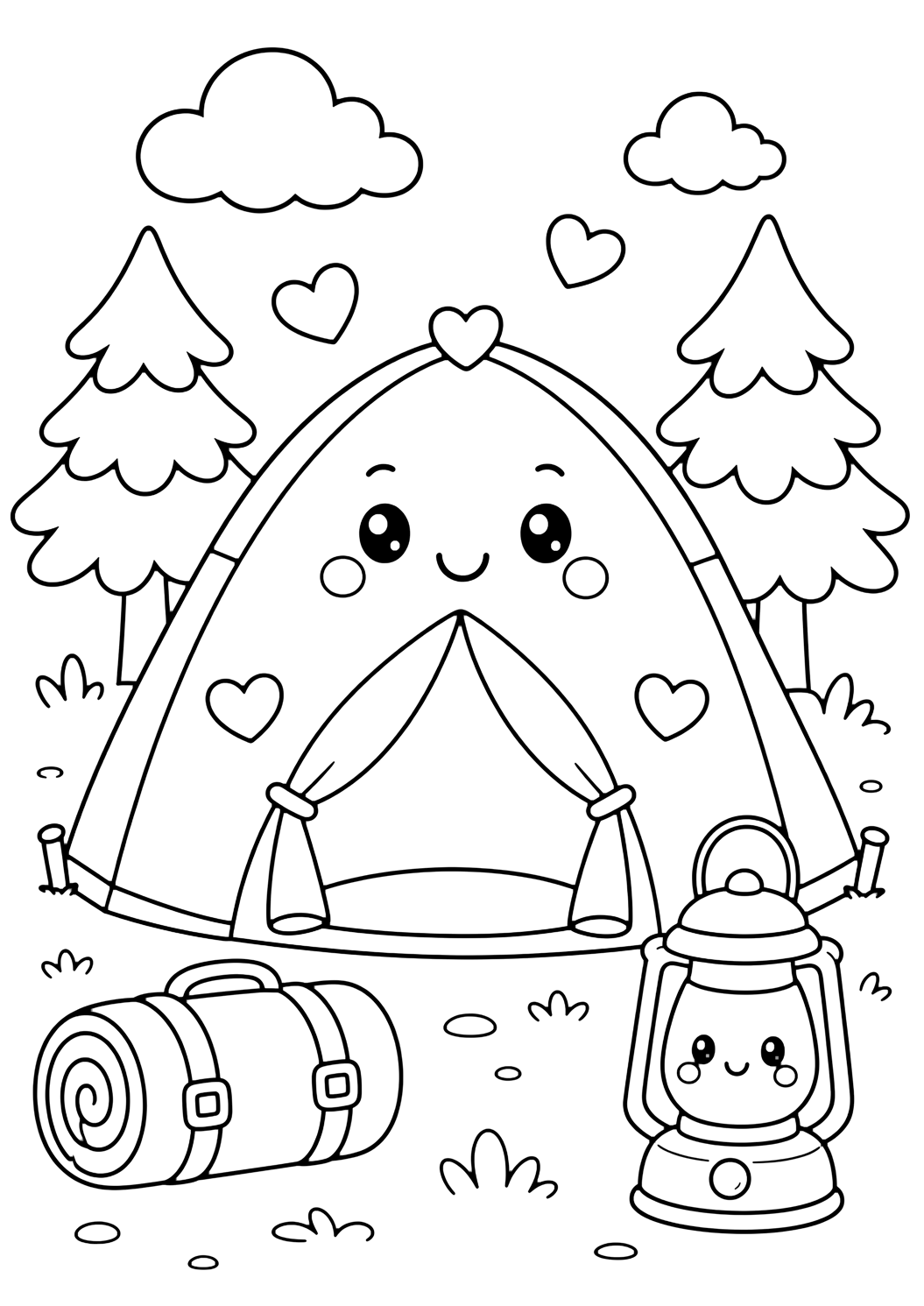 Camping-Ausmalbild mit kawaii-campingzelt. Geeignet zum Drucken, Herunterladen, Online-Ausmalen und für ruhige Sommeraktivitäten.