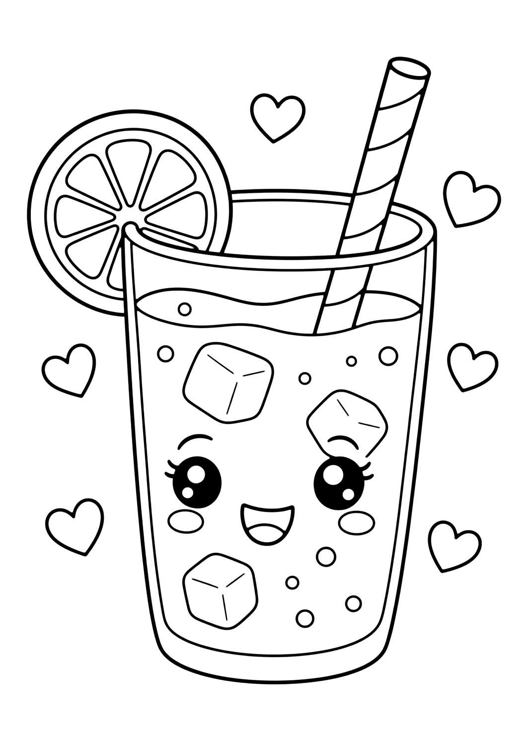 kawaii lemonade glass coloring page with a cute kawaii lemonade glass with a smiling face, straw, lemon slice, ice cubes, tiny hearts, and no words