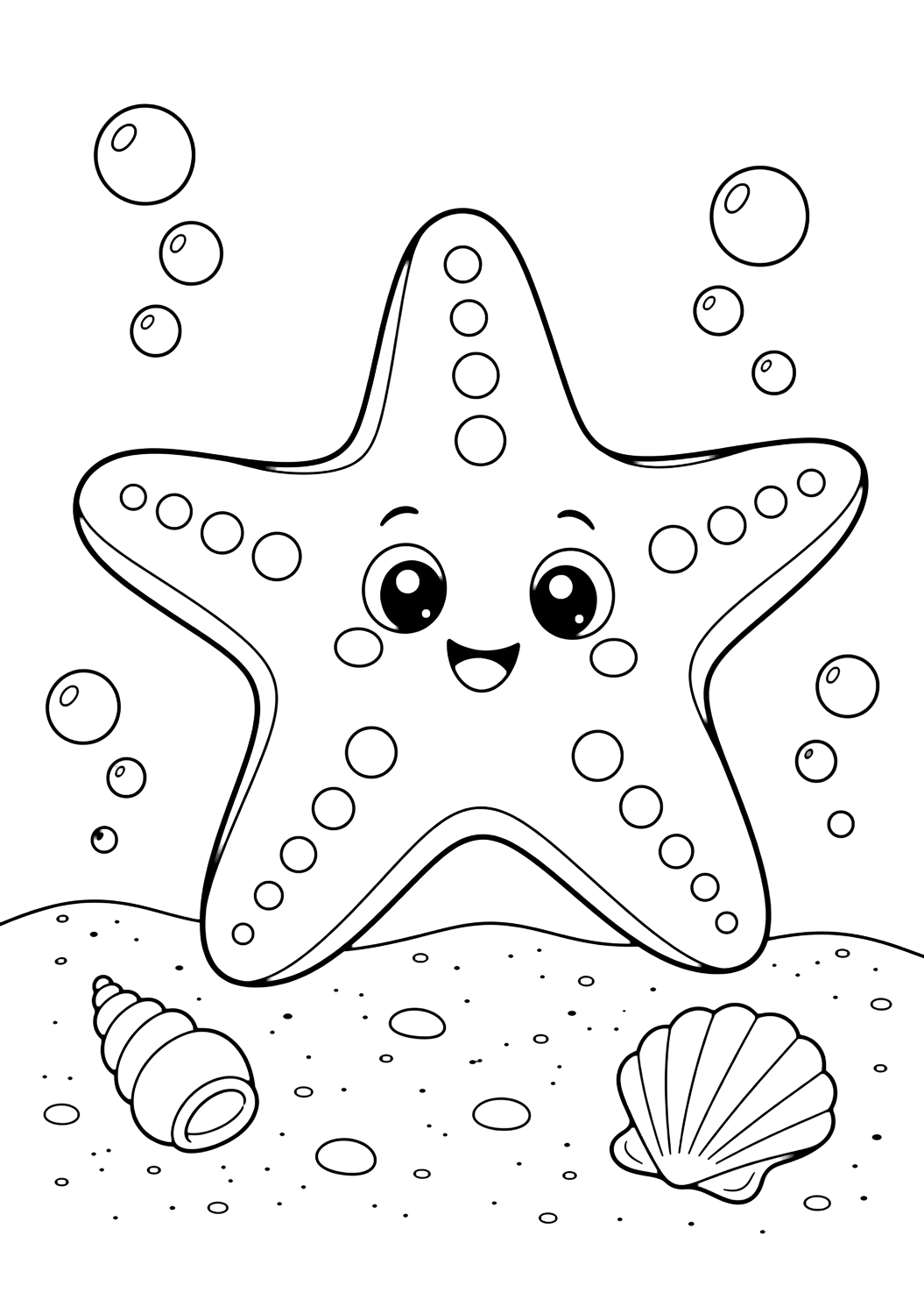 kawaii starfish coloring page with a kawaii starfish with rounded arms, big friendly eyes, small cheeks, bubbles, and two tiny shells on the sand for kids