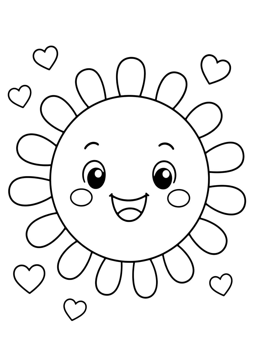 kawaii sun face coloring page with a cute kawaii-style sun face with rosy cheeks, rounded rays, and tiny heart shapes for kids
