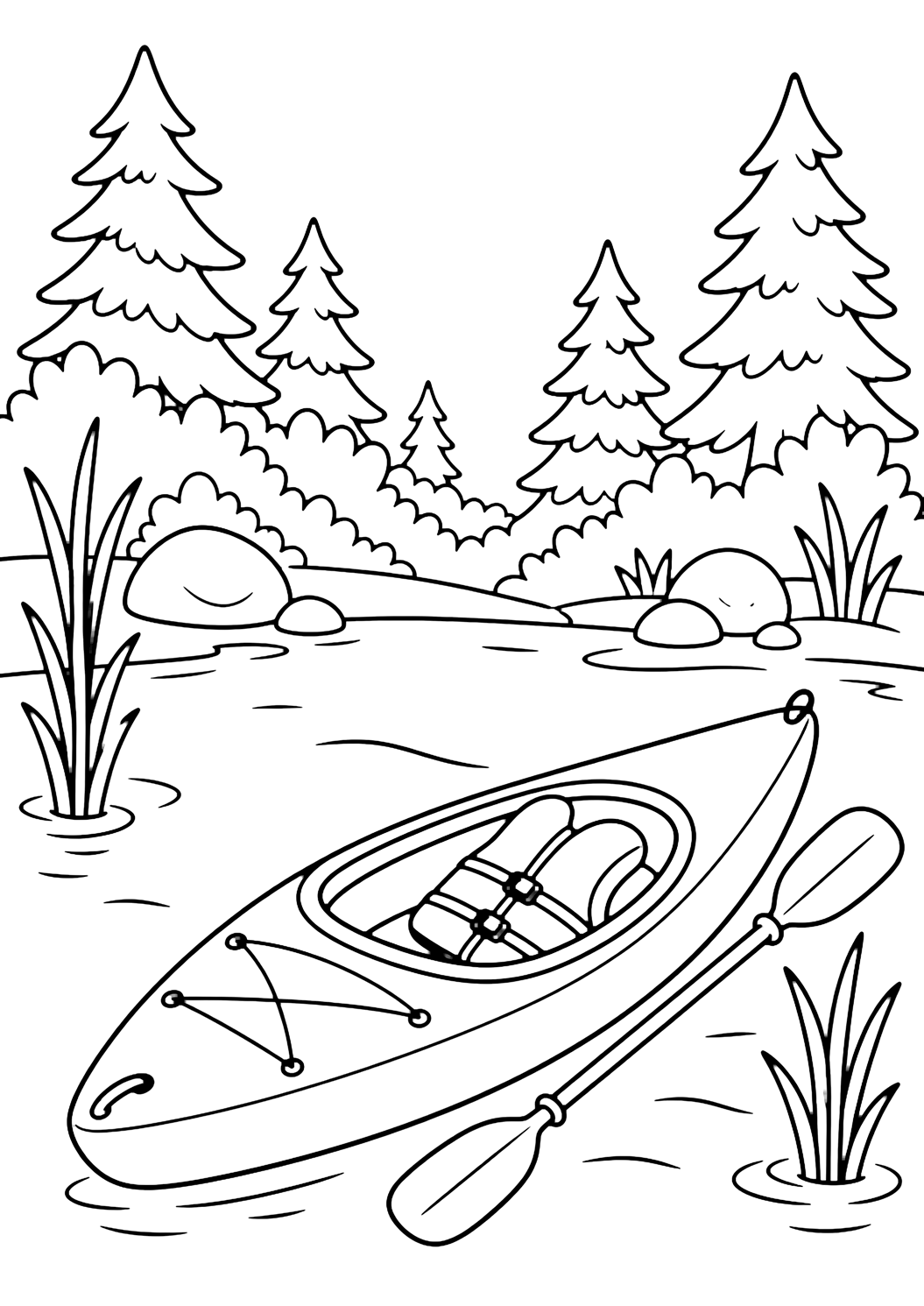 kayaking at summer camp coloring page with one simple kayak on calm water with a paddle, reeds, pine trees, stones, and no person