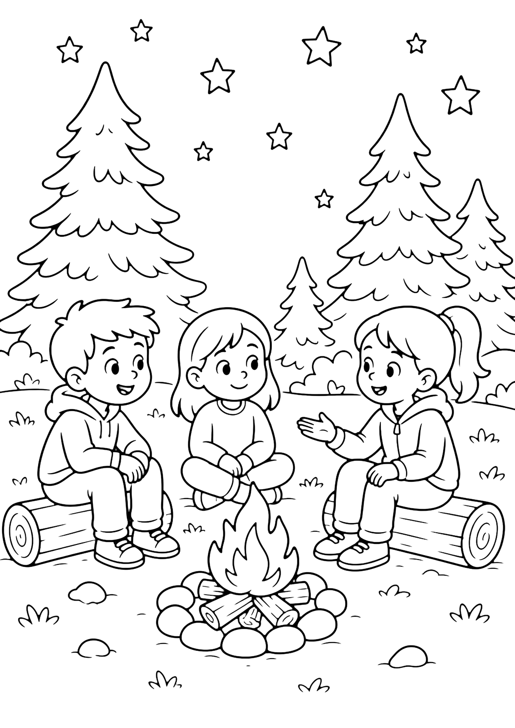Sommerlager-Ausmalbild mit kinder am lagerfeuer. Geeignet zum Drucken, Herunterladen, Online-Ausmalen und für ruhige Sommeraktivitäten.