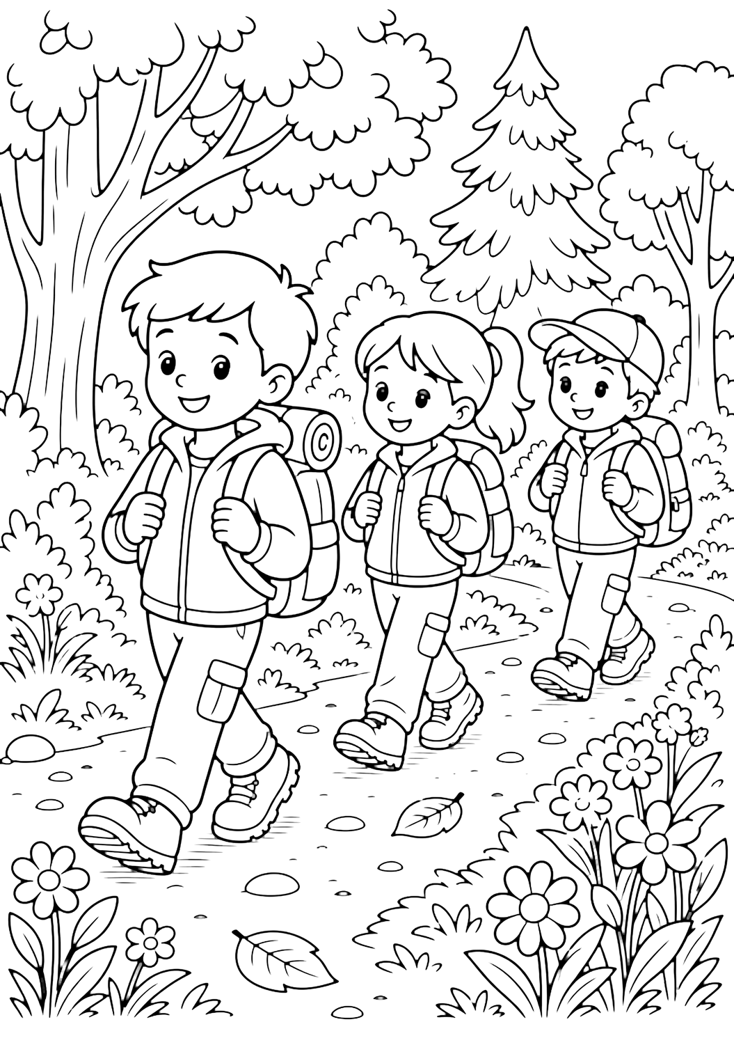 Disegno di escursione con passeggiata nella natura per bambini. Adatto a stampa, download, colorazione online e attività estive.
