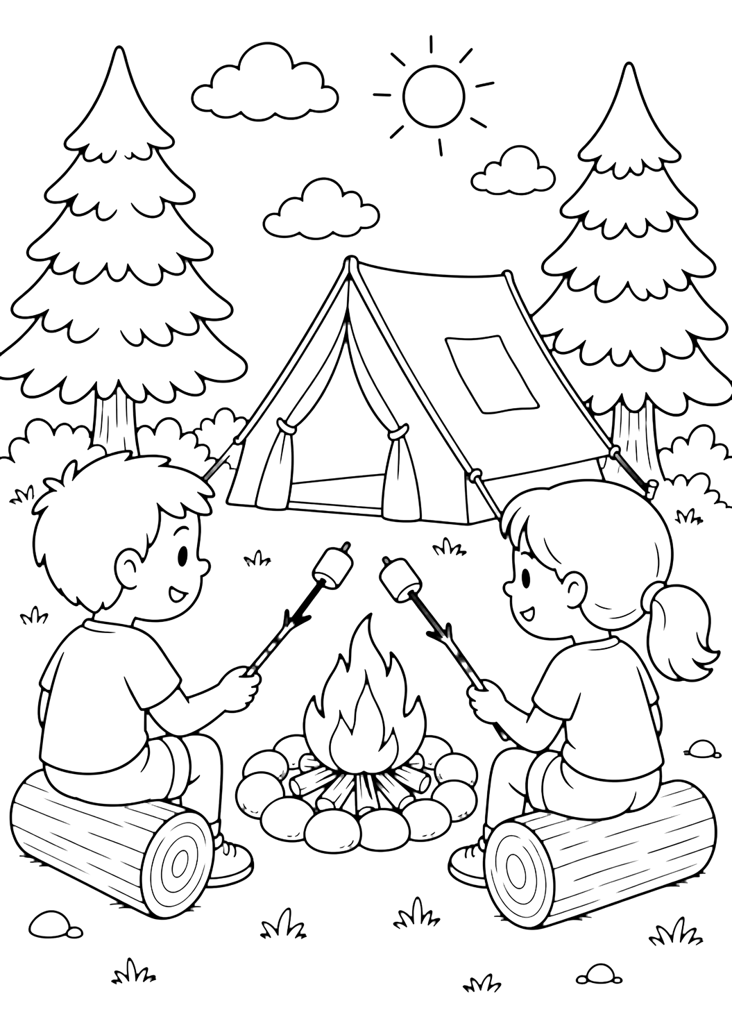 Disegno di campeggio con bambini che arrostiscono marshmallow. Adatto a stampa, download, colorazione online e attività estive tranquille.