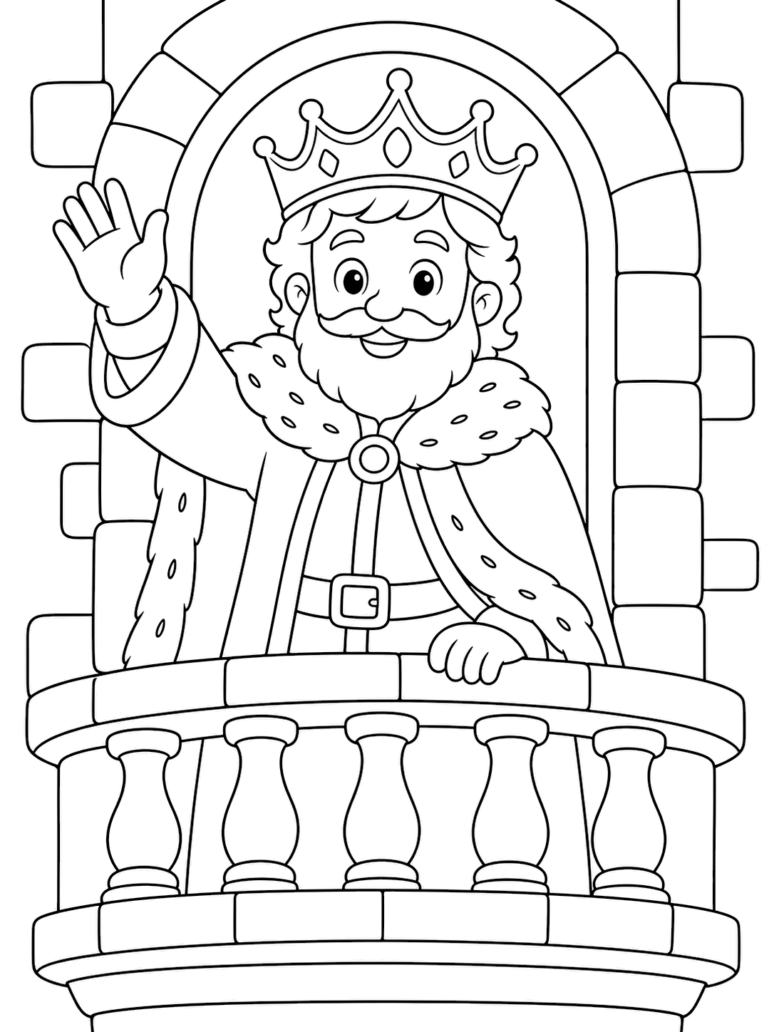 king waving from a balcony coloring page with a smiling king in a crown and robe waving from a simple castle balcony for kids