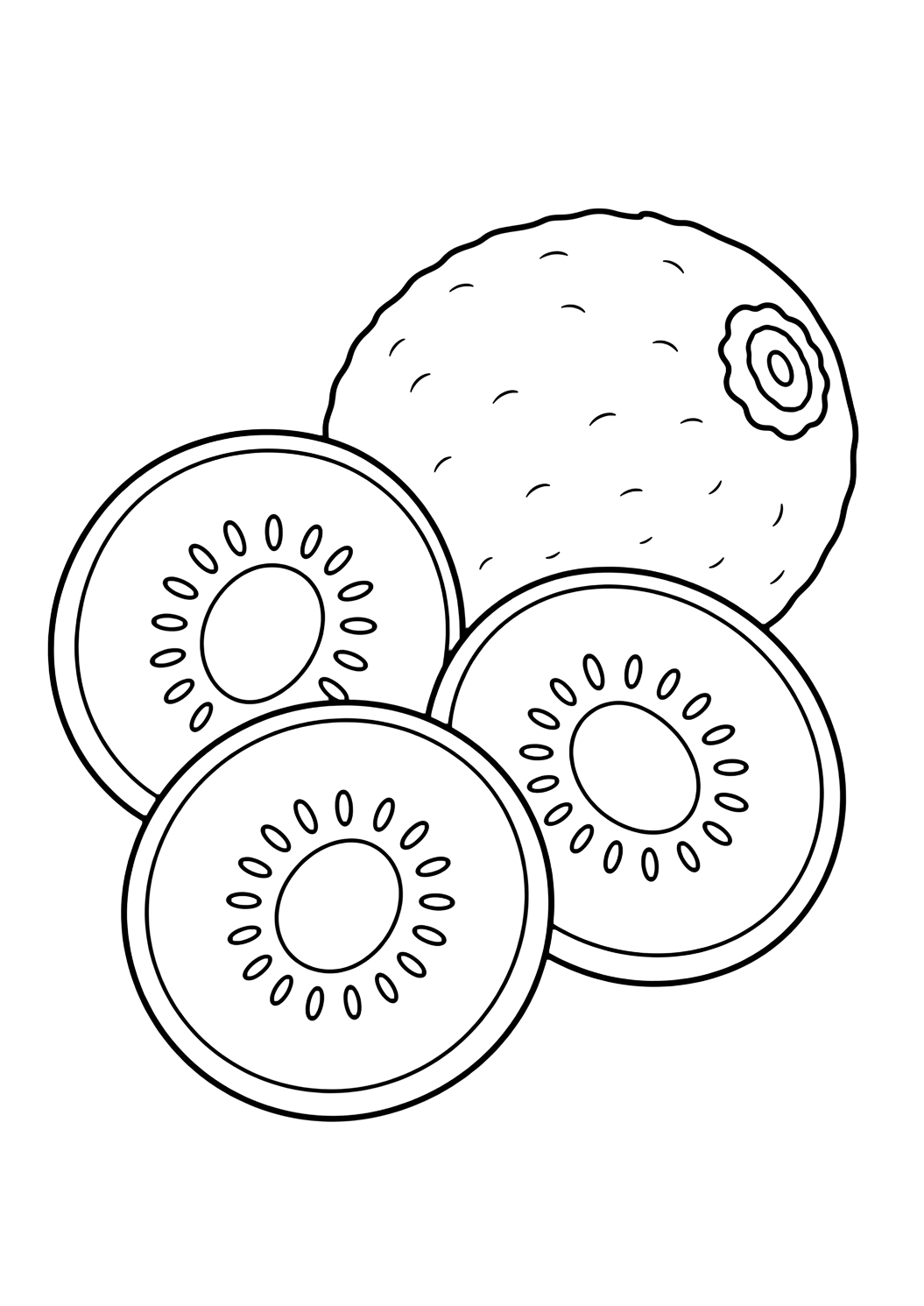 kiwi slices coloring page with three large kiwi slice rounds with thick rind outlines, simple seed ovals, one whole kiwi, and plenty of white space