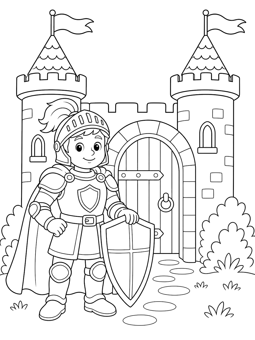 Ritter am Burgtor Ausmalbild für Kinder
