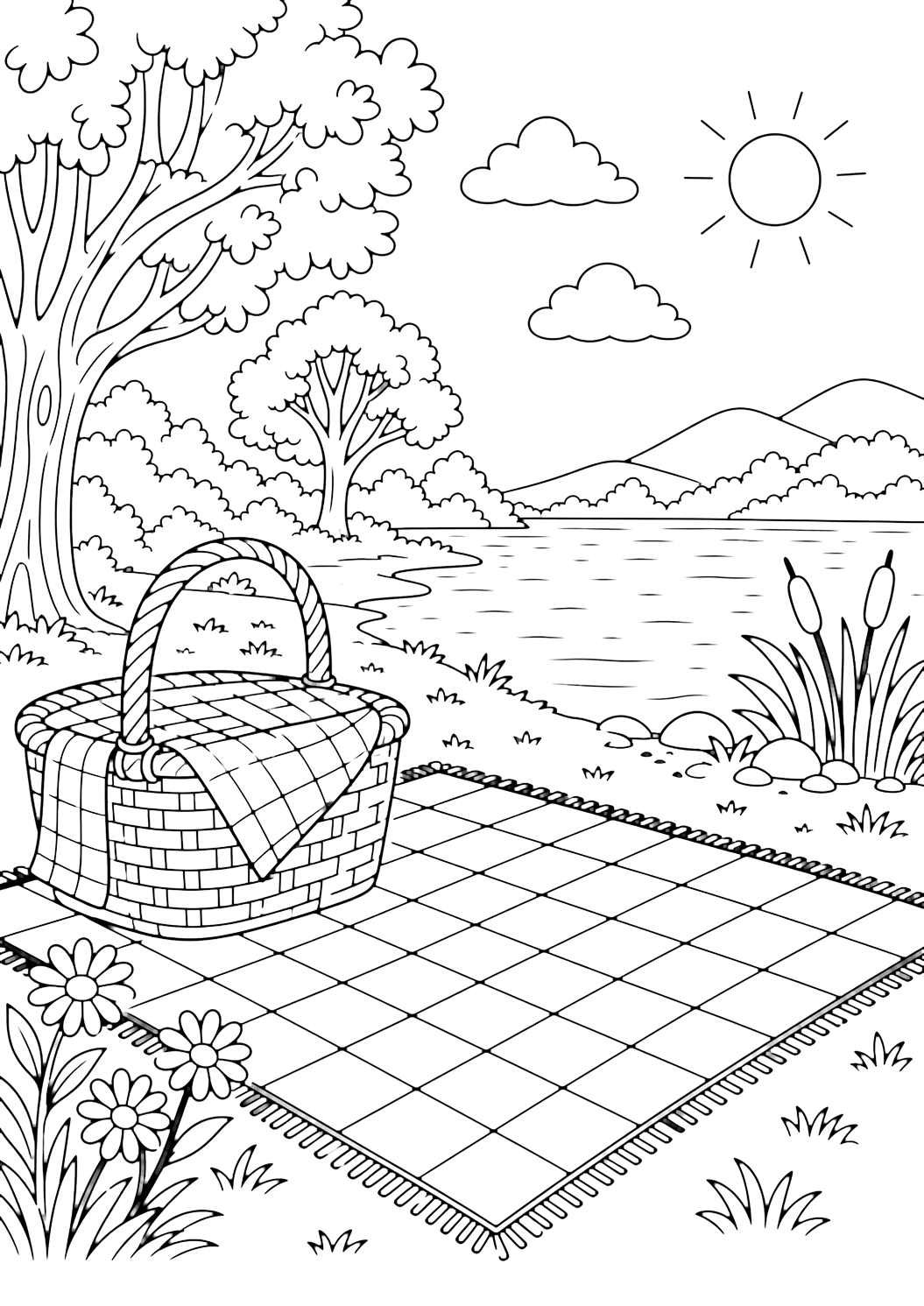 Disegno di picnic con scena di picnic al lago. Adatto a stampa, download, colorazione online e attività estive tranquille.