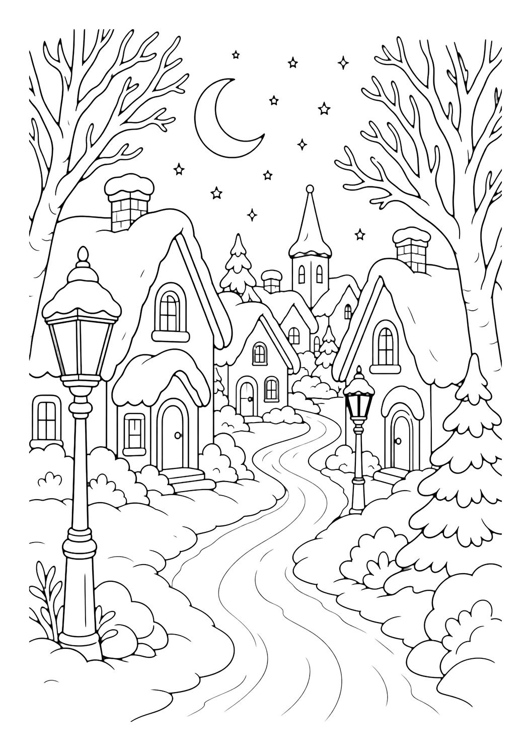 pagina da colorare con villaggio innevato illuminato da lanterne con stradina, casette, cumuli di neve, alberi spogli e luna per bambini
