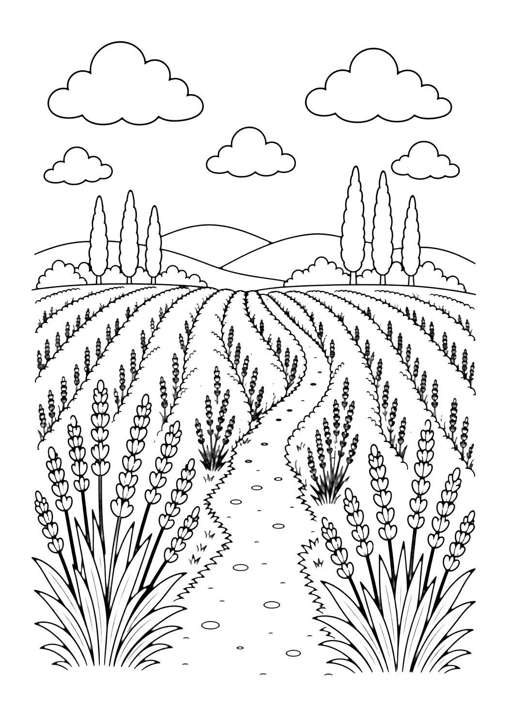 lavender field with distant trees coloring page with lavender rows leading toward distant trees, a small path, low hills, and open sky for kids