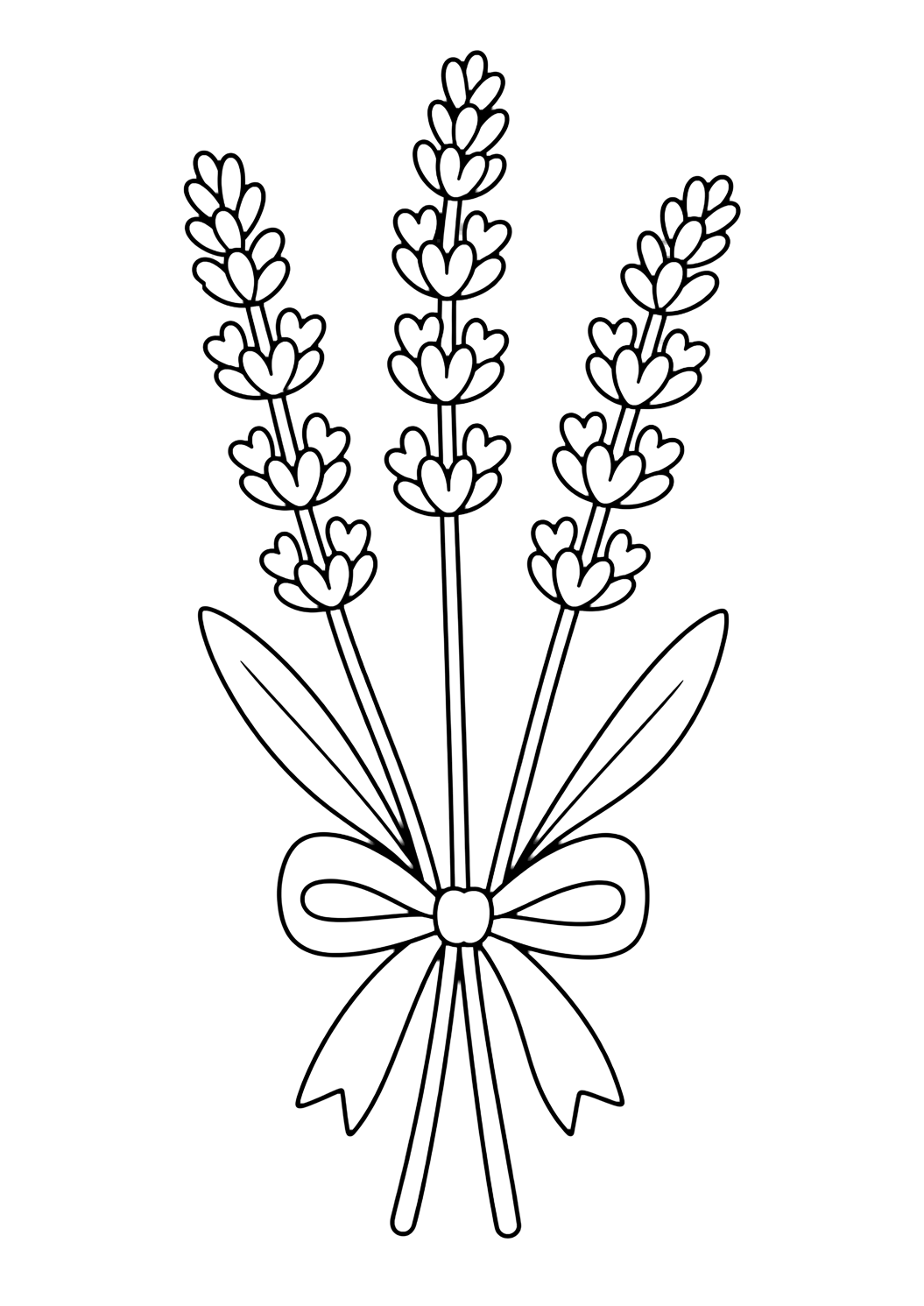 Rametti di lavanda da colorare con tre rametti di lavanda legati con un piccolo nastro, steli lunghi, piccoli boccioli e due foglioline. Perfetta per i bambini che amano i disegni di fiori selvatici da colorare da stampare e colorare online.
