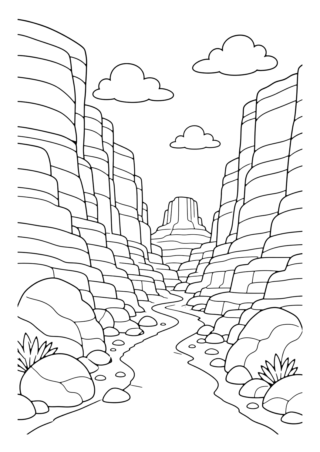 layered canyon cliffs coloring page with tall layered canyon cliffs with a simple trail, boulders, distant mesa, and clouds for kids
