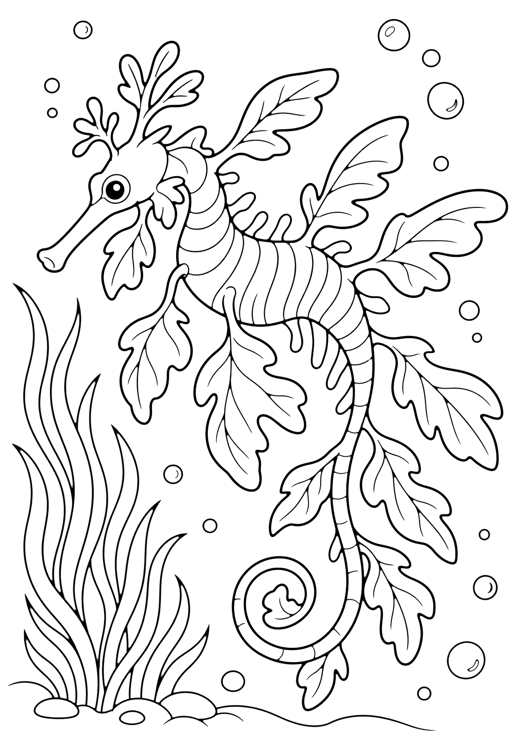 Dibujo para colorear con Dragón de mar foliado. Ideal para niños, temas del océano, impresión y coloreado online.