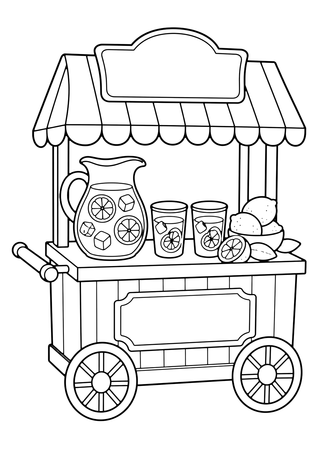 lemonade cart coloring page with a small rolling lemonade cart with two wheels, a striped canopy, pitcher, cups, lemons, and a blank sign with no words
