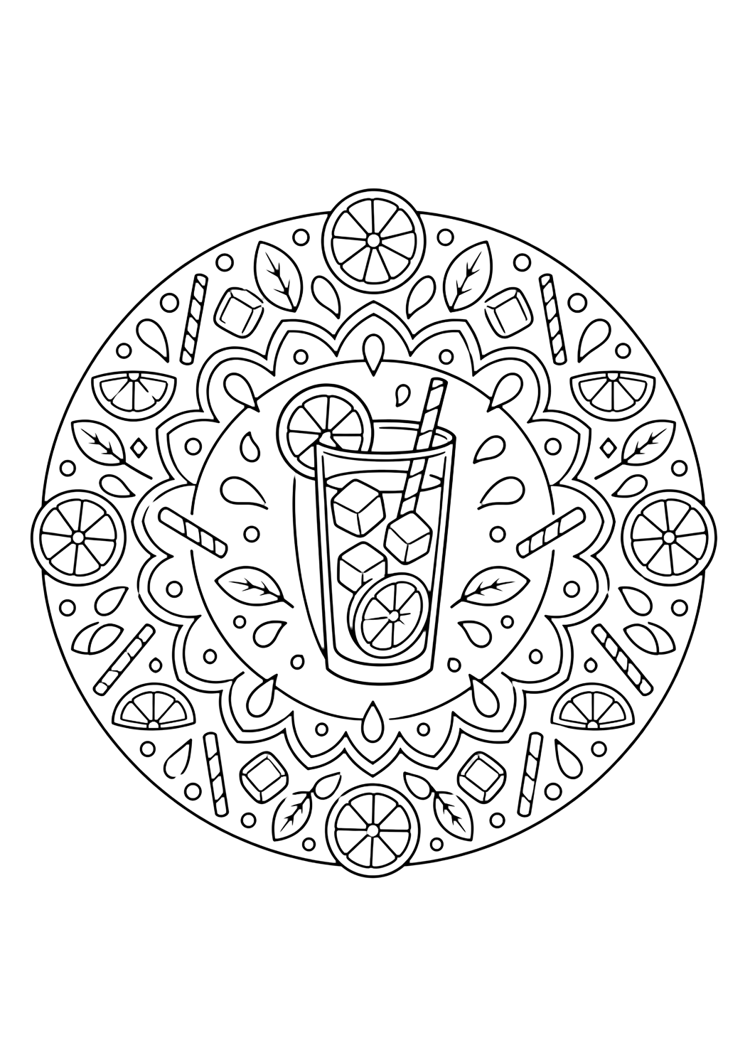 lemonade glass mandala coloring page with a centered lemonade glass surrounded by a circular mandala of lemon slices, straws, ice cubes, leaves, droplets, and balanced geometric patterns