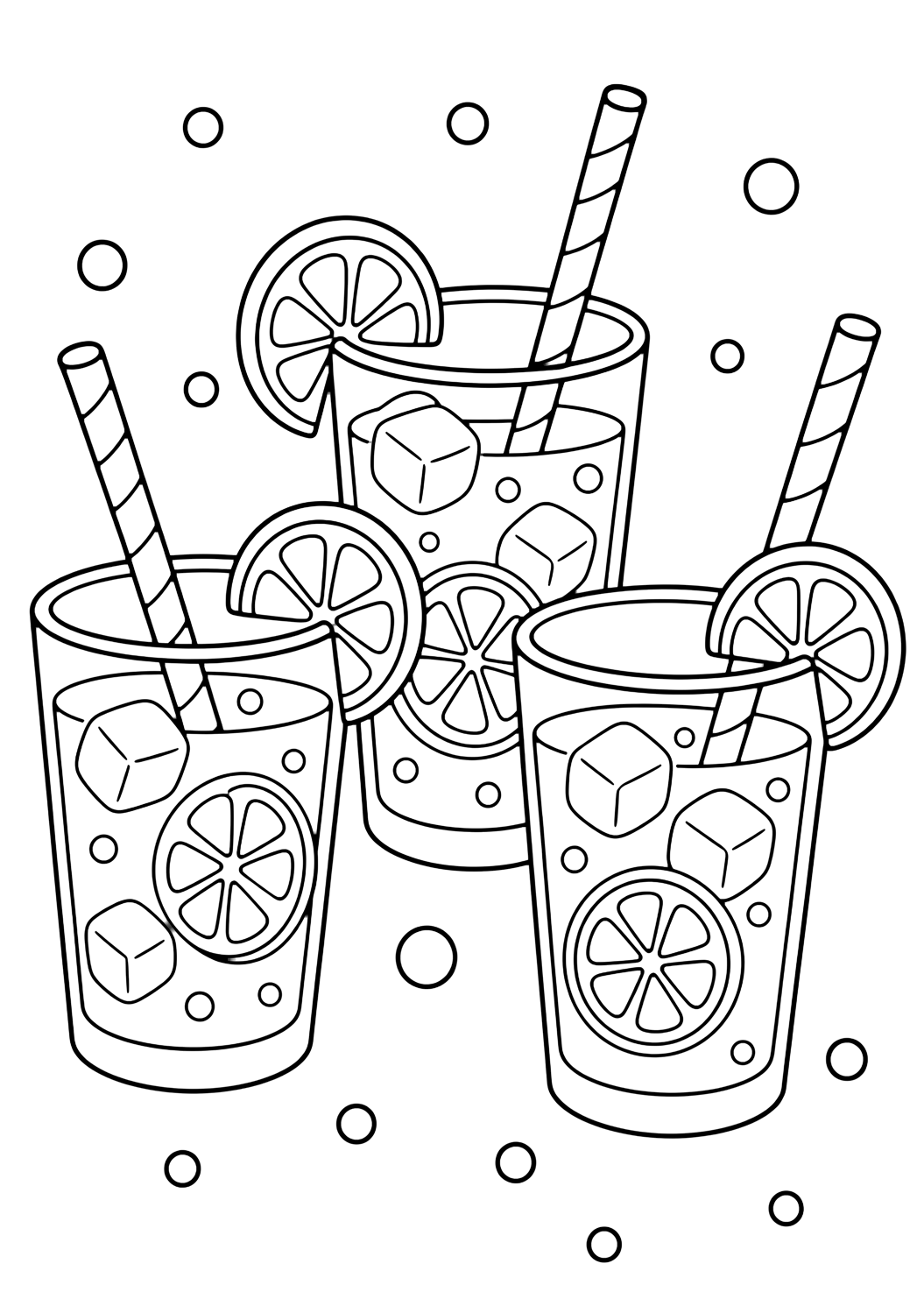 lemonade party cups coloring page with three simple lemonade cups grouped together with straws, lemon slices, ice cubes, and a few confetti circles