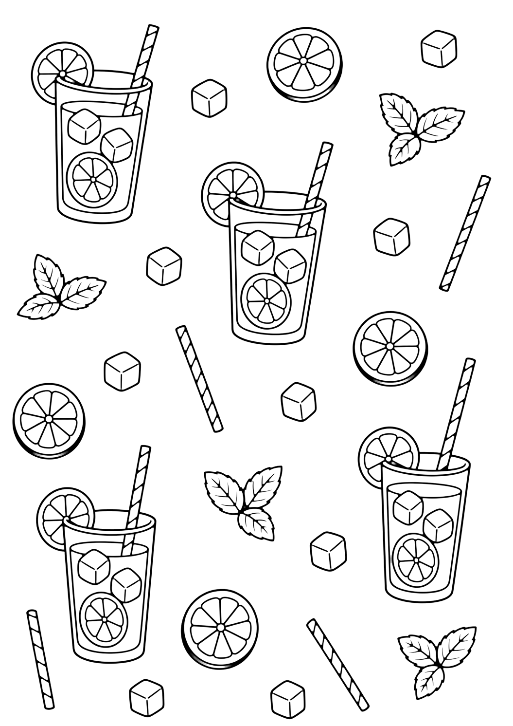 lemonade pattern coloring page with a simple repeating pattern of lemonade glasses, lemon slices, straws, ice cubes, and mint leaves arranged with plenty of white space