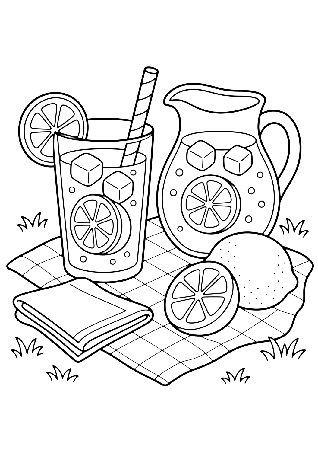 lemonade picnic coloring page with a lemonade glass and small pitcher on a simple picnic blanket with lemons, a napkin, and grass patches
