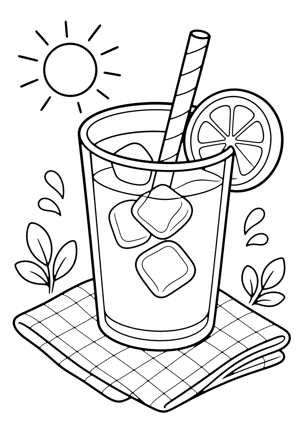 Dibujo de barbacoa y picnic con vaso de limonada para picnic. Ideal para verano, impresión, descarga y coloreado online.