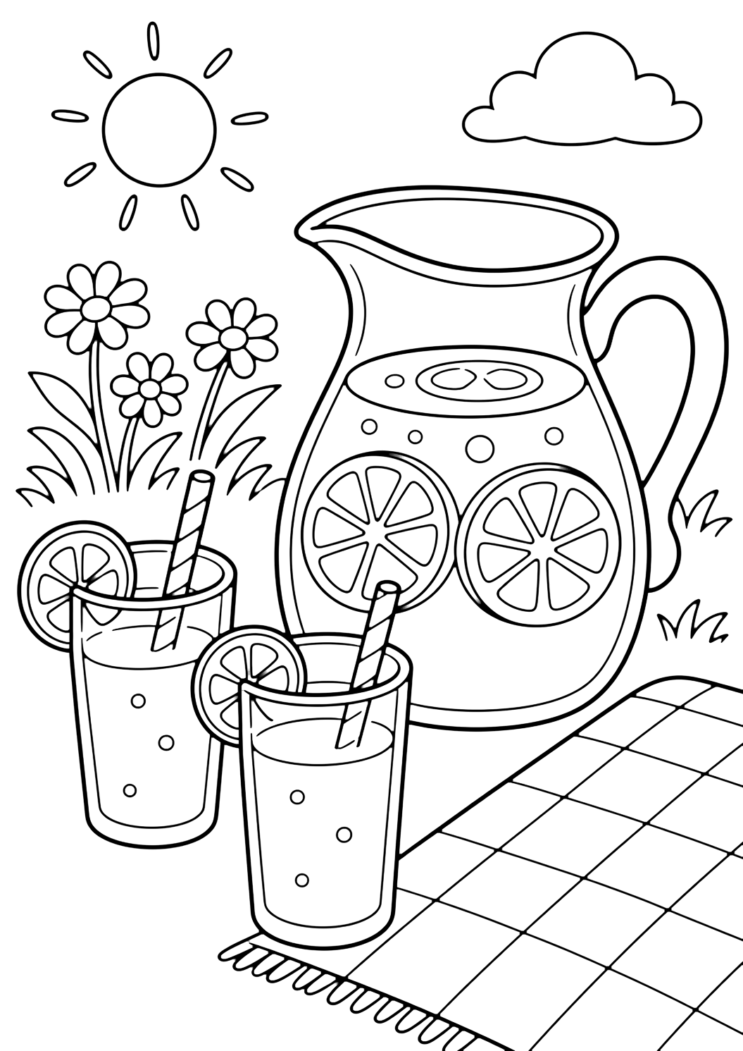 Picknick-Ausmalbild mit limonadenkrug fürs picknick. Geeignet zum Drucken, Herunterladen, Online-Ausmalen und für ruhige Sommeraktivitäten.