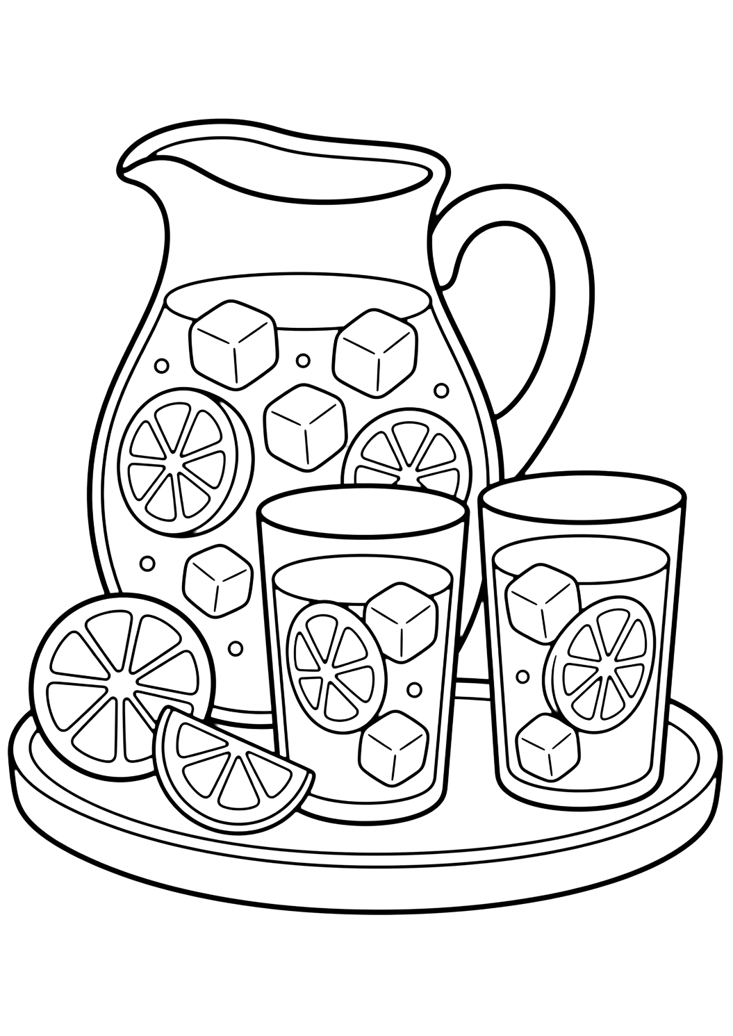 lemonade pitcher and cups coloring page with a pitcher of lemonade with two simple cups, lemon slices, ice cubes, and a small tray