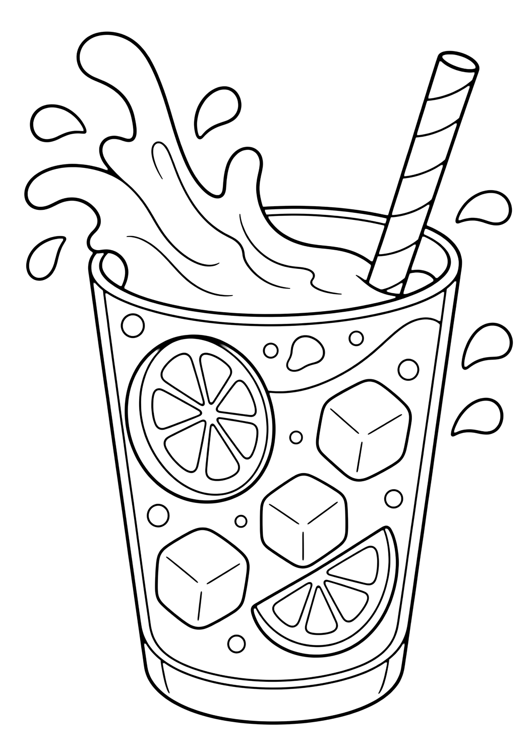 lemonade splash coloring page with a playful lemonade glass with a curved splash, lemon slices, ice cubes, straw, and broad rounded liquid shapes