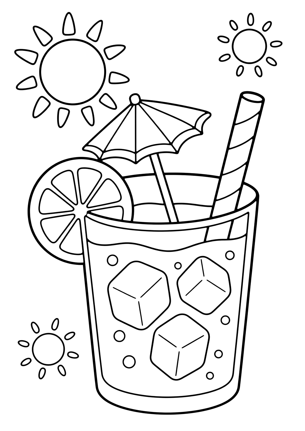 lemonade with umbrella coloring page with a lemonade glass with a tiny paper umbrella, straw, lemon slice, ice cubes, and a few simple sunshine shapes