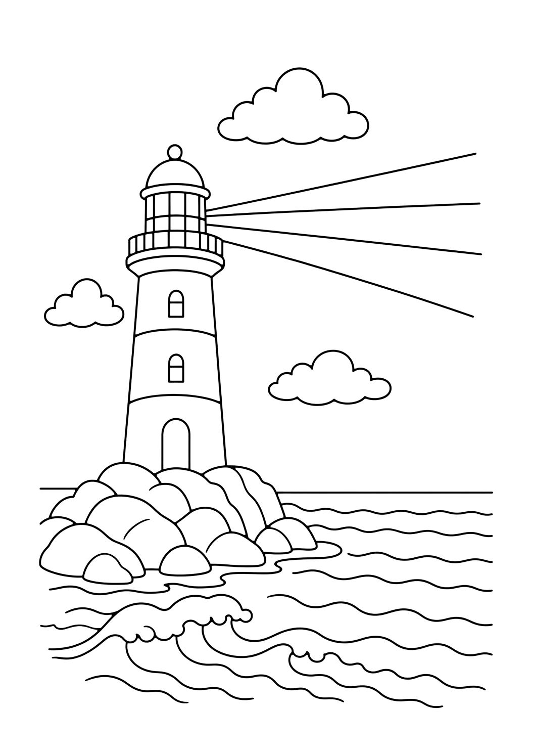 lighthouse with light beams coloring page with a lighthouse sending simple light beams over waves with rocks, clouds, and a wide horizon for kids