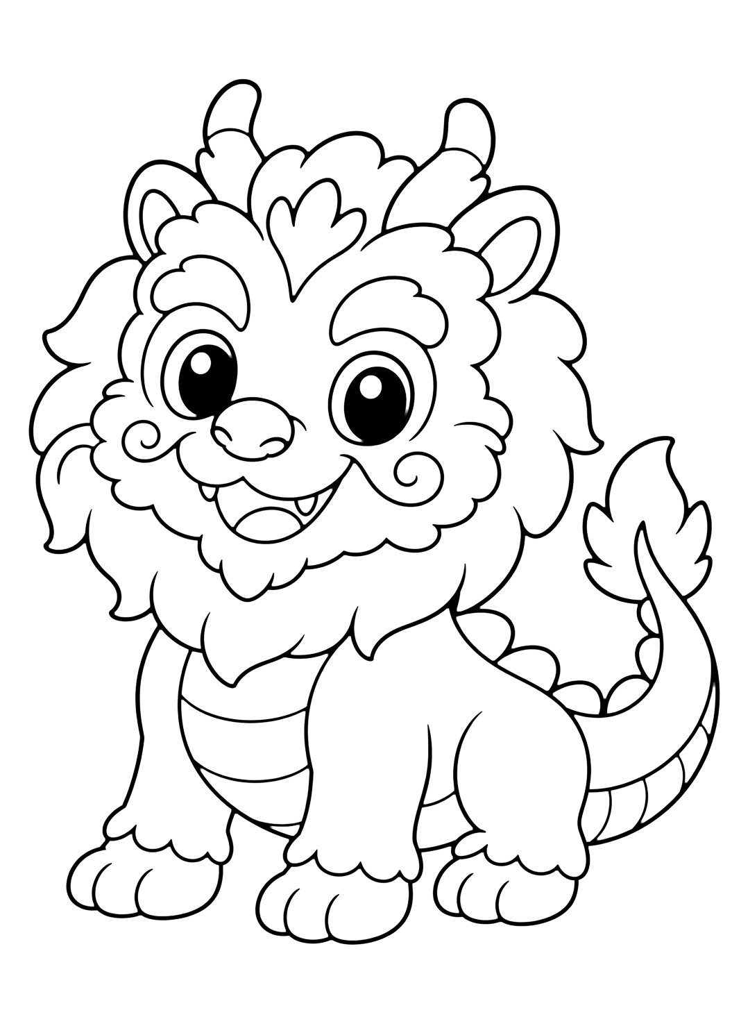 dibujo para colorear de león-dragón con una adorable criatura león-dragón de melena suave, cuernos pequeños, cola de dragón sencilla y patas redondeadas para niños