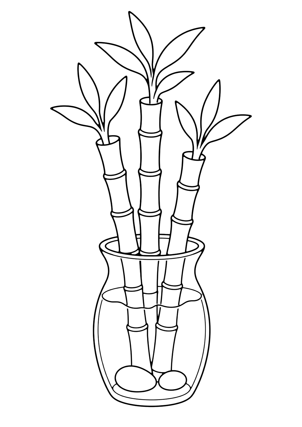 Bambou porte-bonheur à colorier avec du bambou porte-bonheur dans un petit vase avec des lignes d'eau, trois tiges segmentées dressées, quelques feuilles simples en haut et deux petits cailloux dans le vase. Parfait pour les enfants qui aiment les coloriages de plantes d'intérieur à imprimer et à colorier en ligne.