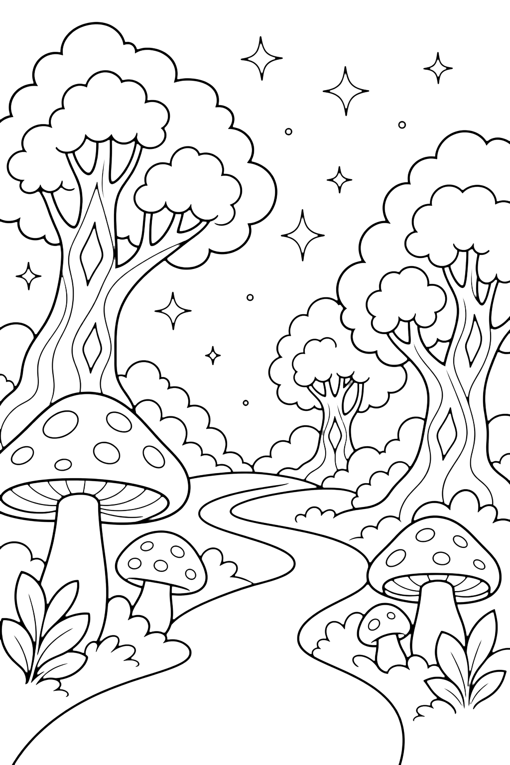Coloriage chemin magique en forêt