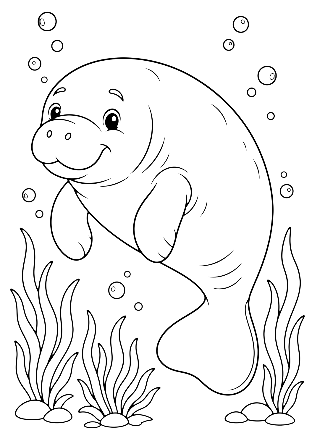 manatee coloring page with a gentle manatee swimming near sea grass with a rounded body, paddle tail, small flippers, bubbles, and calm water for kids