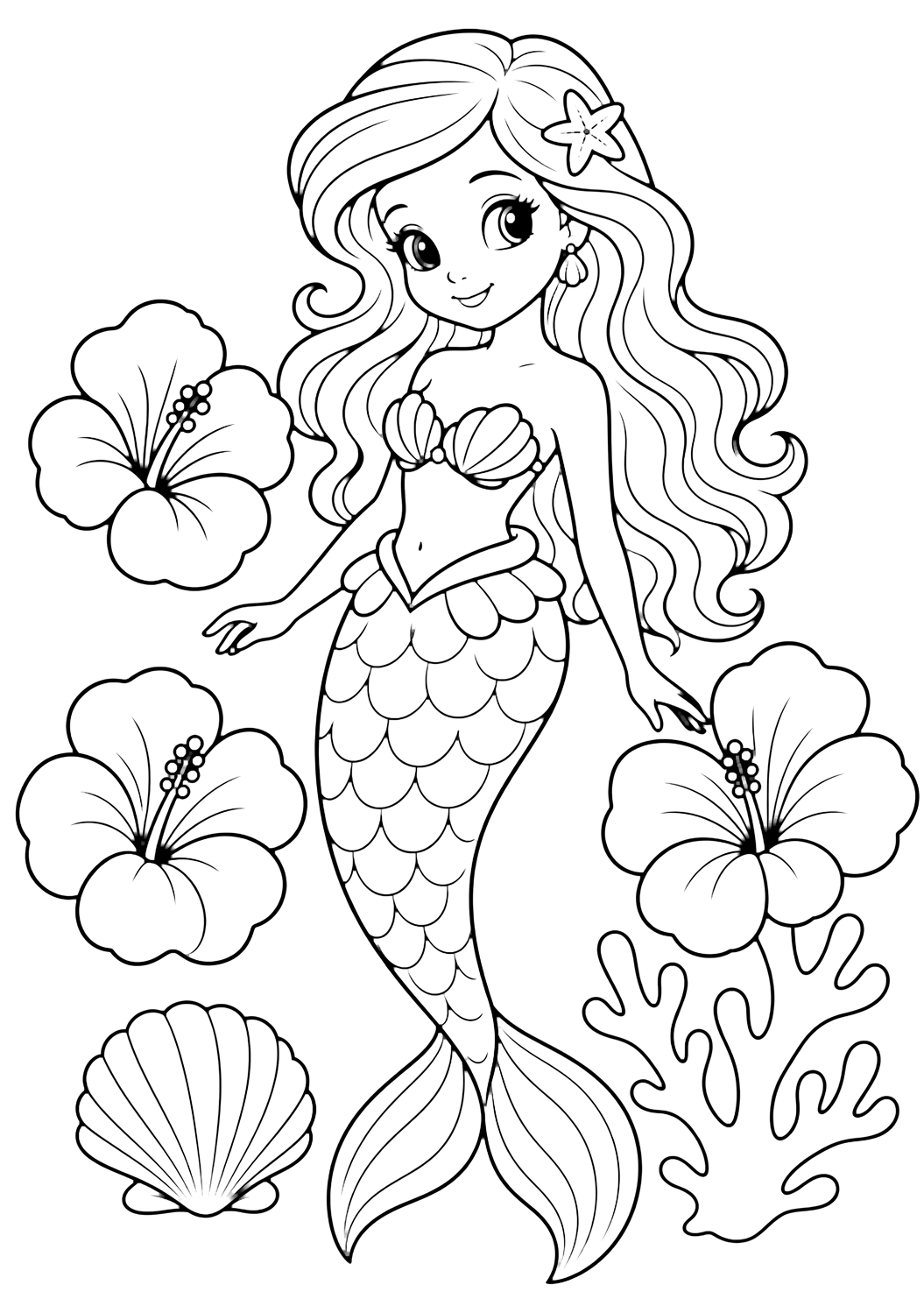 mermaid in a sea garden coloring page with a beautiful mermaid standing beside three large sea flowers, simple coral, and a shell and three sea flowers, simple coral, and one shell