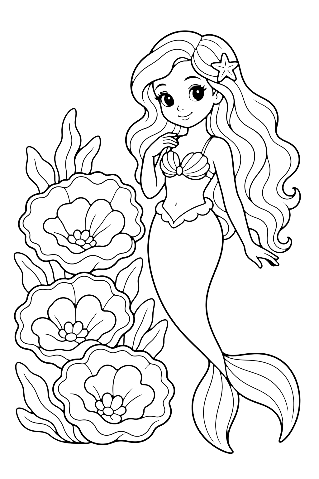 sirena con fiori di corallo da colorare