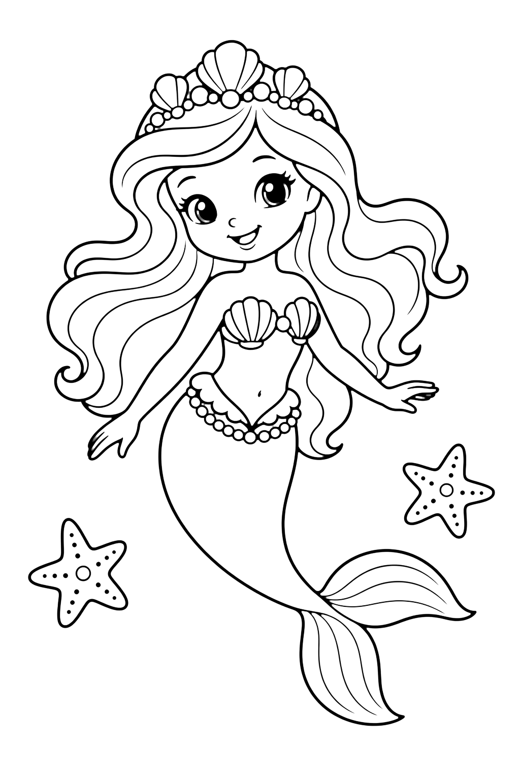mermaid with an ocean crown coloring page with a smiling mermaid wearing a simple crown made from shells and pearls and a shell-and-pearl crown and two small sea stars