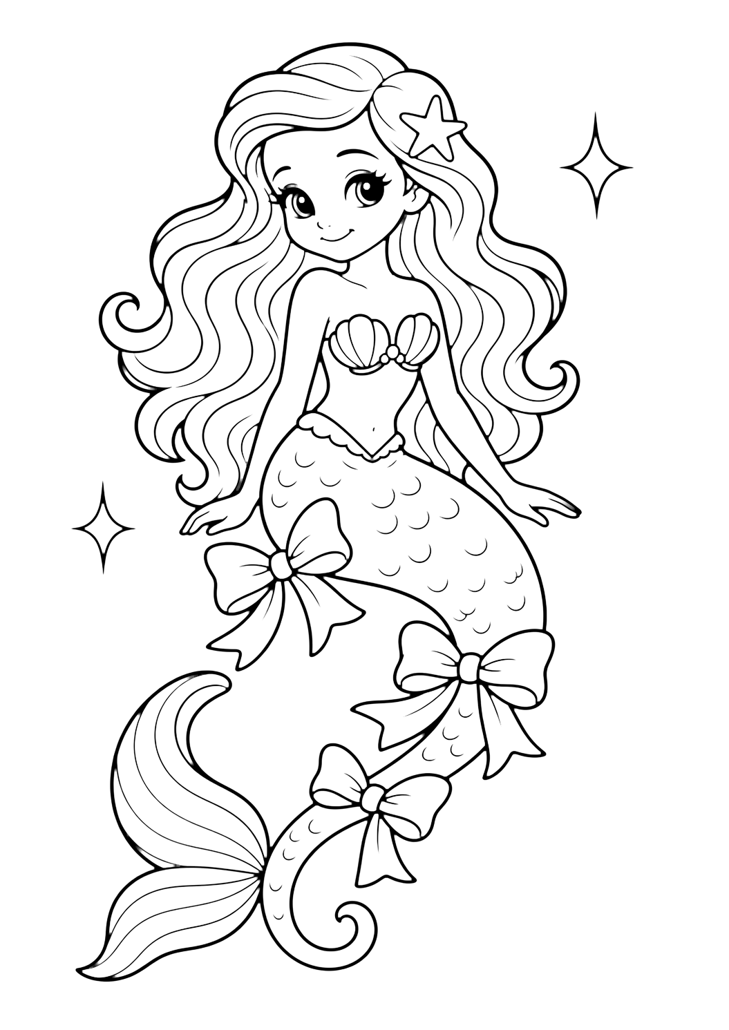 mermaid with a ribbon tail coloring page with a graceful mermaid with a long curled tail decorated with three large ribbons and three large ribbons on the tail and two sparkle shapes