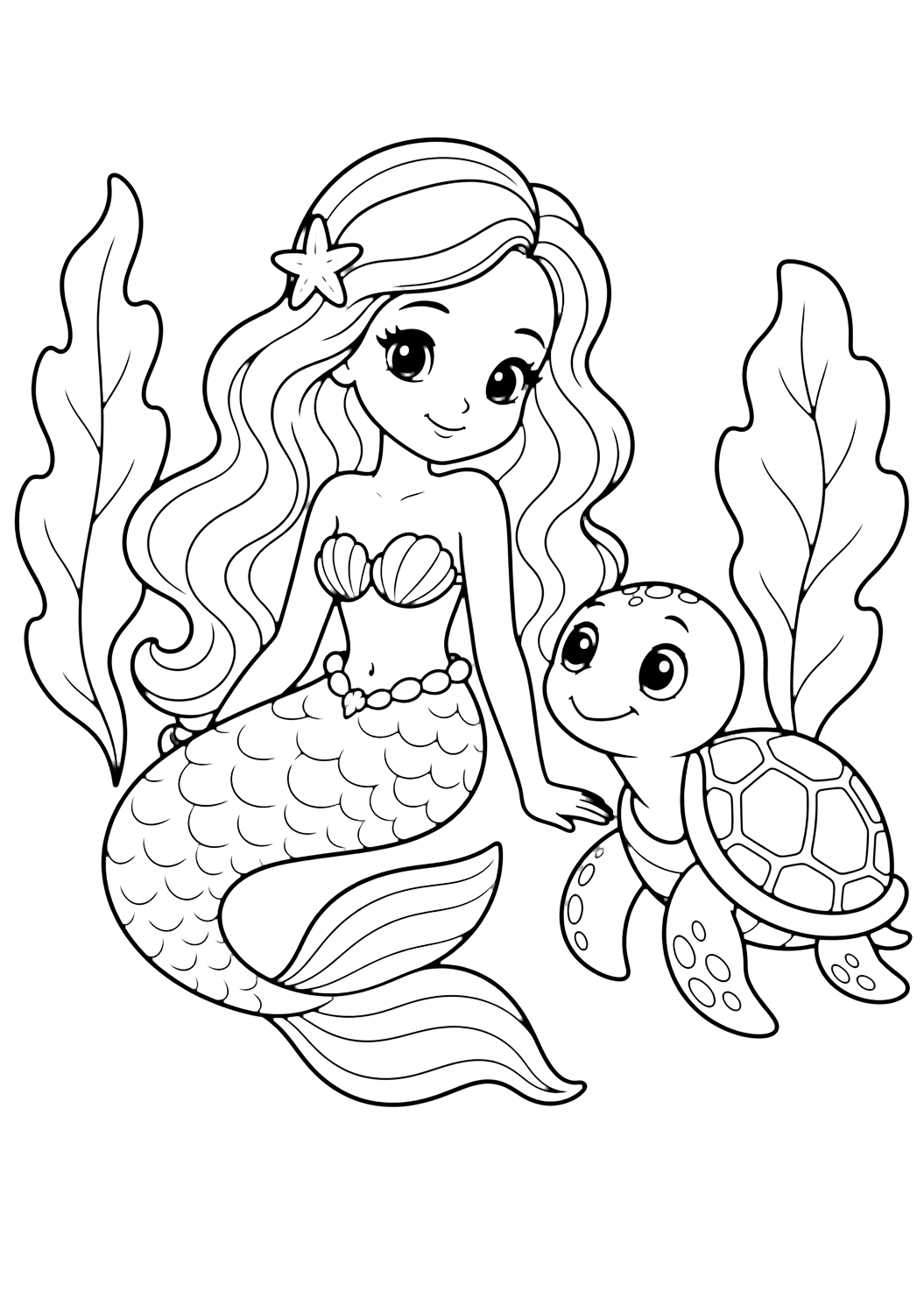 mermaid with a turtle friend coloring page with a gentle mermaid sitting beside one cute cartoon turtle with a simple shell pattern and one turtle friend and two large sea leaves