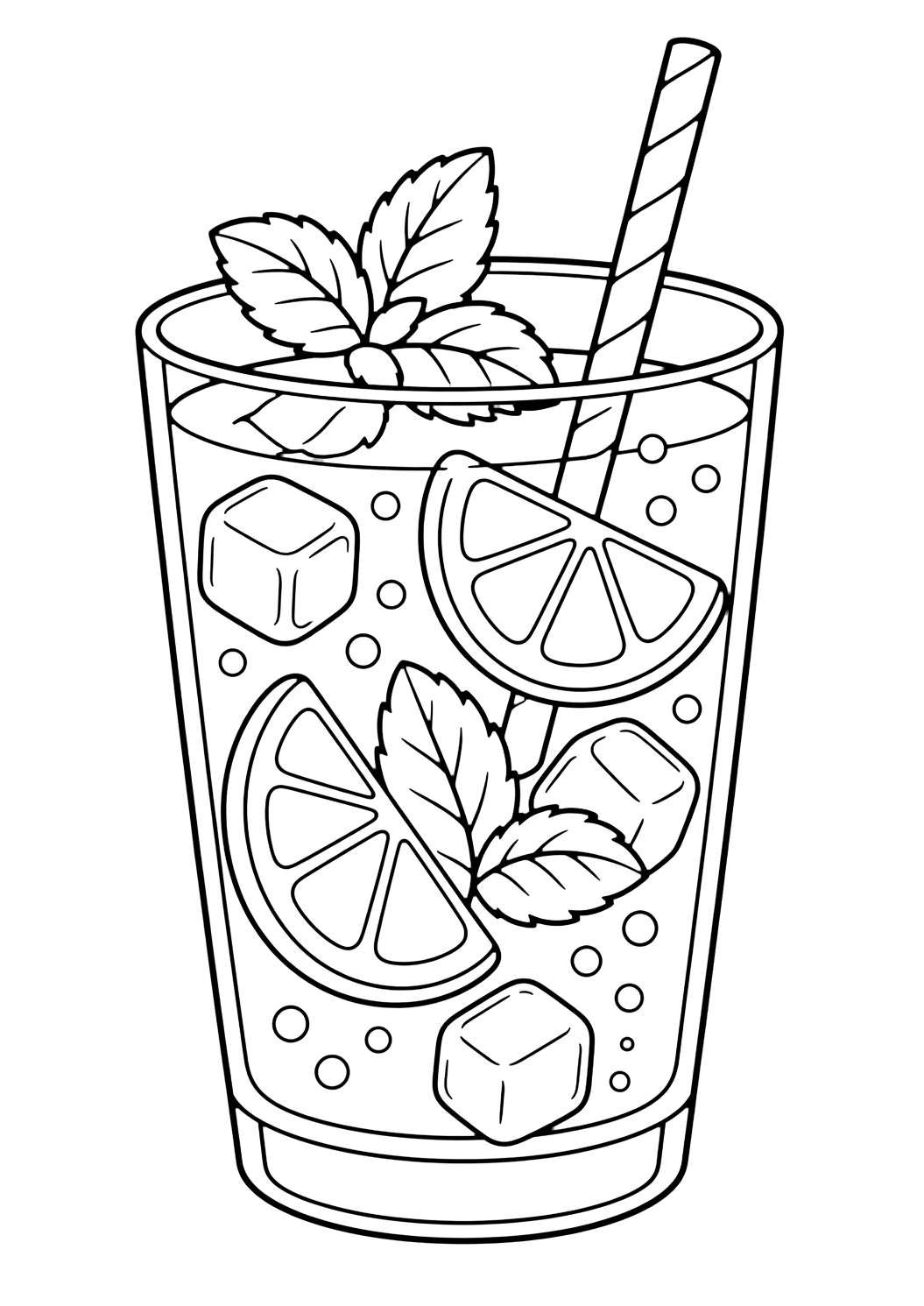 mint lemonade coloring page with a lemonade glass with mint leaves, lemon slices, a straw, ice cubes, and a few simple bubbles
