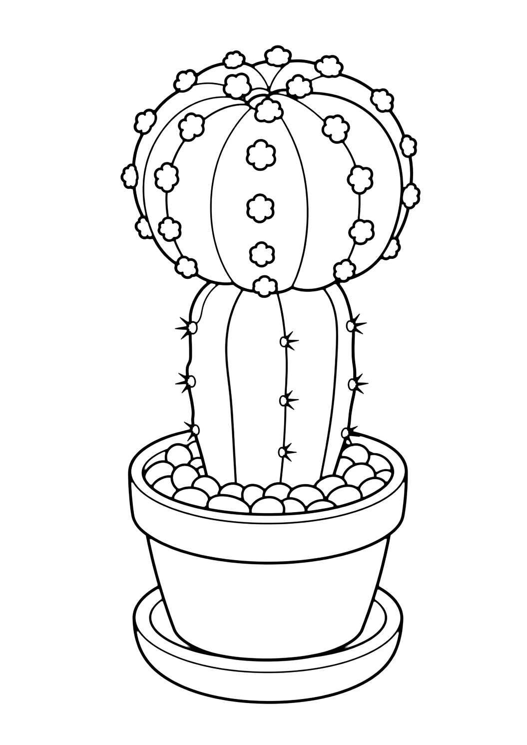 Cactus luna da colorare con una succulenta in vaso con foglie chiare, sassolini, un contenitore semplice e spazi chiusi comodi da colorare. Perfetta per i bambini che amano i disegni di succulente da colorare da stampare e colorare online.