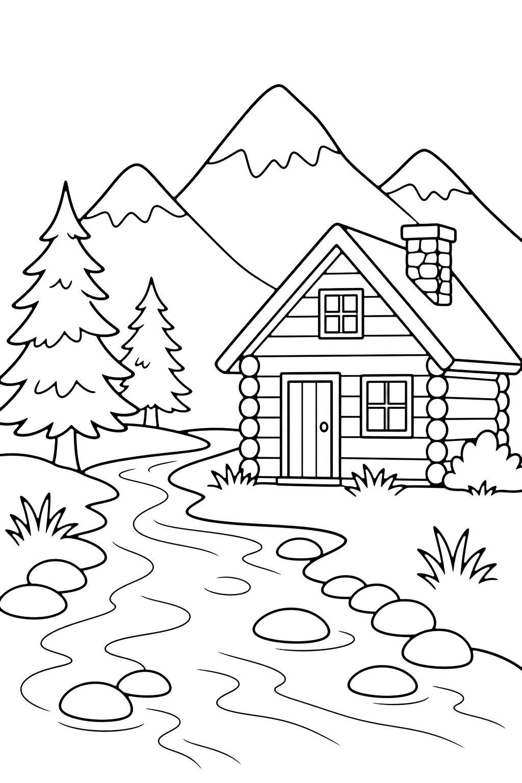 Berghütte am Fluss Ausmalbild